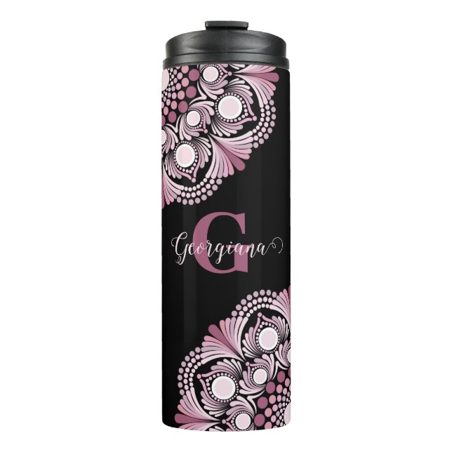 Personalized Dusky Rose Boho Floral Dot Mandala Thermal Tumbler (Front)