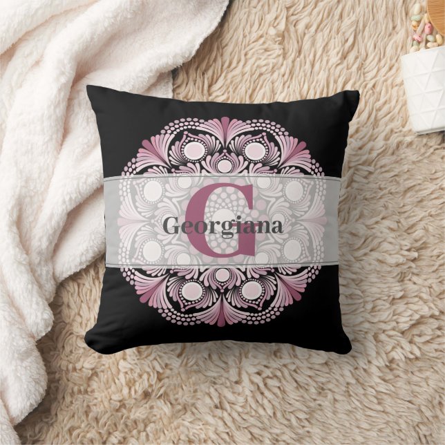 Personalized Dusky Rose Boho Floral Dot Mandala Throw Pillow (Blanket)