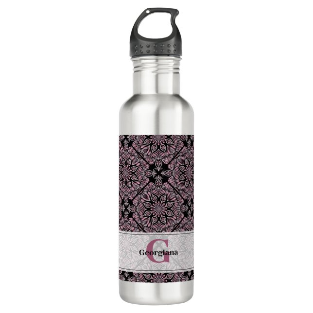 Personalized Dusky Rose Floral Fronds Mandala Tile 710 Ml Water Bottle (Front)