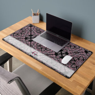Personalized Dusky Rose Floral Fronds Mandala Tile Desk Mat