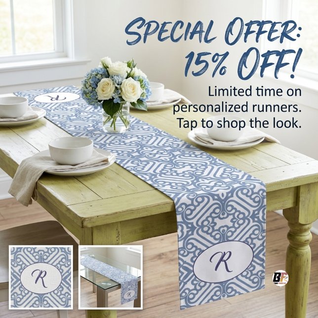 Personalized Dusty Blue and White Elegant Damask M Medium Table Runner (#celebrationparty)