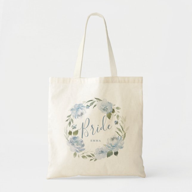 Personalized dusty blue floral bride tote bag (Front)