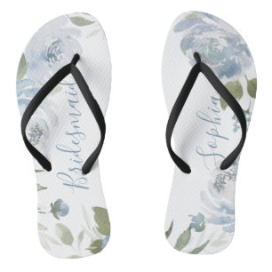Personalized dusty blue floral bridesmaid flip flops