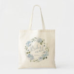 Personalized dusty blue floral bridesmaid tote bag<br><div class="desc">Modern bridesmaid script with watercolor floral wreath in dusty blue and sage green,  cute personalized Bridesmaid tote bags for bridal party gifts.</div>