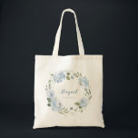 Personalized dusty blue floral bridesmaid tote bag<br><div class="desc">Modern script name with watercolor floral wreath in dusty blue and sage green,  cute personalized Bridesmaid tote bags for bridal party gifts.</div>