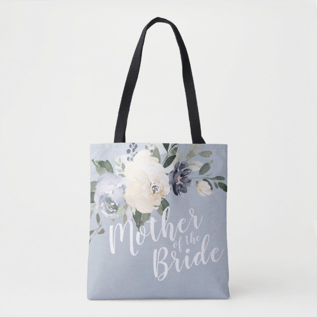Personalized dusty blue floral mother of the bride tote bag (Front)
