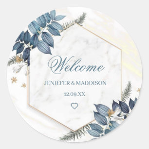 Personalized Dusty Blue Floral Wreath Wedding  Classic Round Sticker
