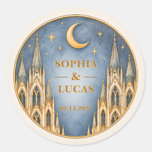 Personalized Dusty Blue Gothic Cathedral Wedding Classic Round Sticker