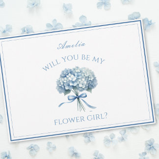 Personalized Dusty Blue Hydrangea Bow Flower Girl Card