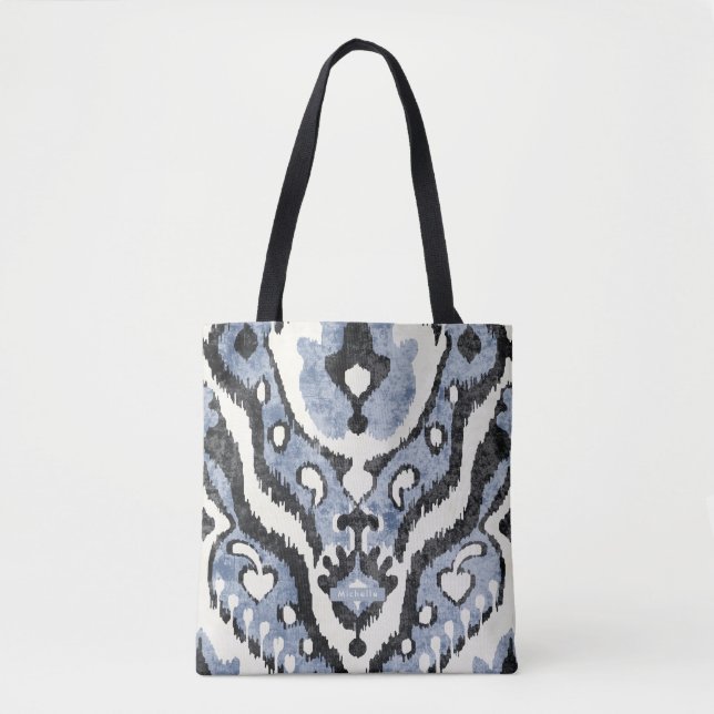Personalized dusty blue Ikat Pattern Bridesmaid Tote Bag (Front)