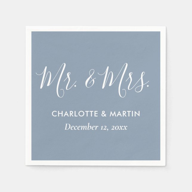 Personalized Dusty Blue Mr. and Mrs. Wedding Napkin (Front)