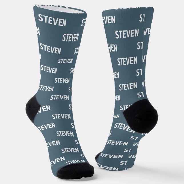 Personalized Dusty Blue Name Pattern Mens Socks (Angled)