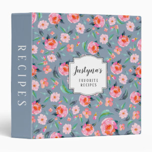 Personalized Dusty Blue Pink Floral Pattern Recipe Binder
