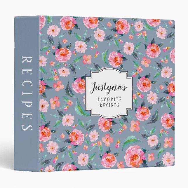 Personalized Dusty Blue Pink Floral Pattern Recipe Binder (Front/Spine)