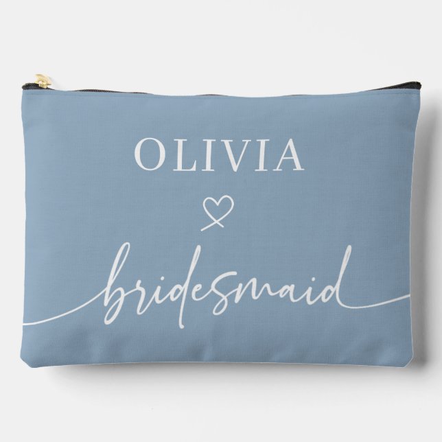 Personalized Dusty Blue Scripted Bridesmaid Gift Accessory Pouch (Front)