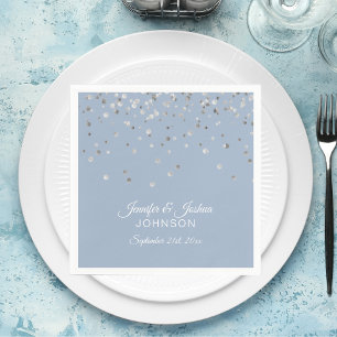 Personalized Dusty BLUE Silver Confetti Wedding Napkin