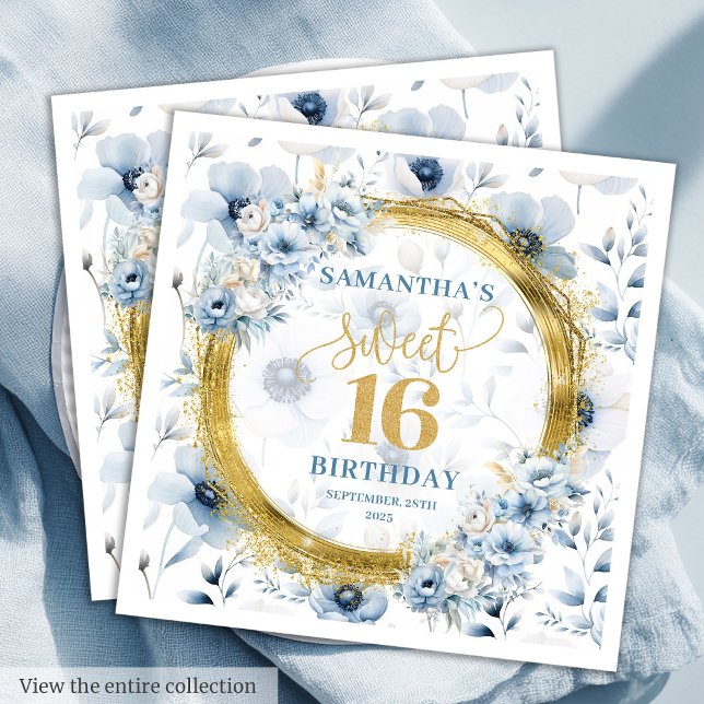 Personalized Dusty Blue Sweet Sixteen Gold Glitter Napkin (Personalized Dusty Blue Sweet Sixteen Gold Glitter Napkins)