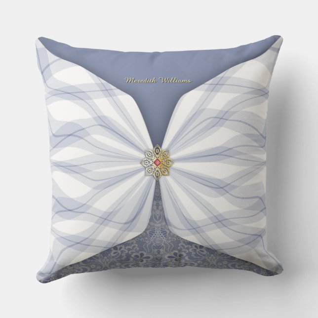 Personalized Dusty Blue Textile Illusion Throw Pillow (Back)