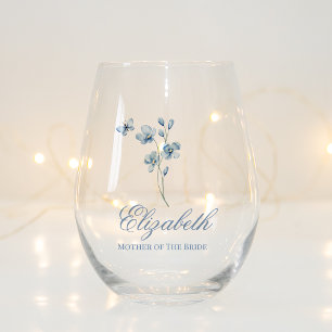 Personalized Dusty Blue Wildflower Bridal Shower Stemless Wine Glass