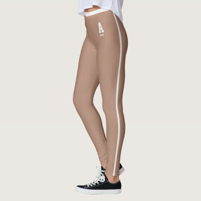 Personalized Dusty Carmel Neutral Stripes Monogram Leggings (Left)