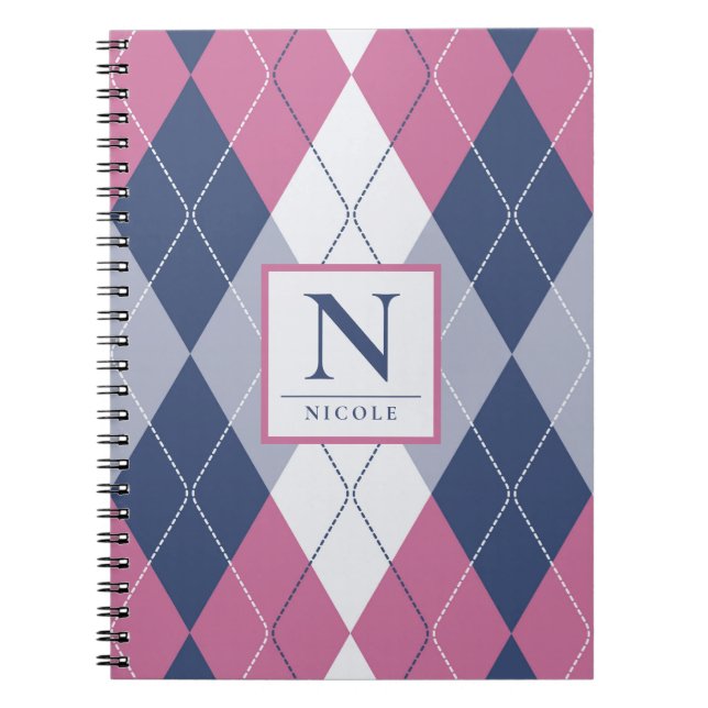 Personalized Dusty Pink & Navy Blue Preppy Argyle Notebook (Front)
