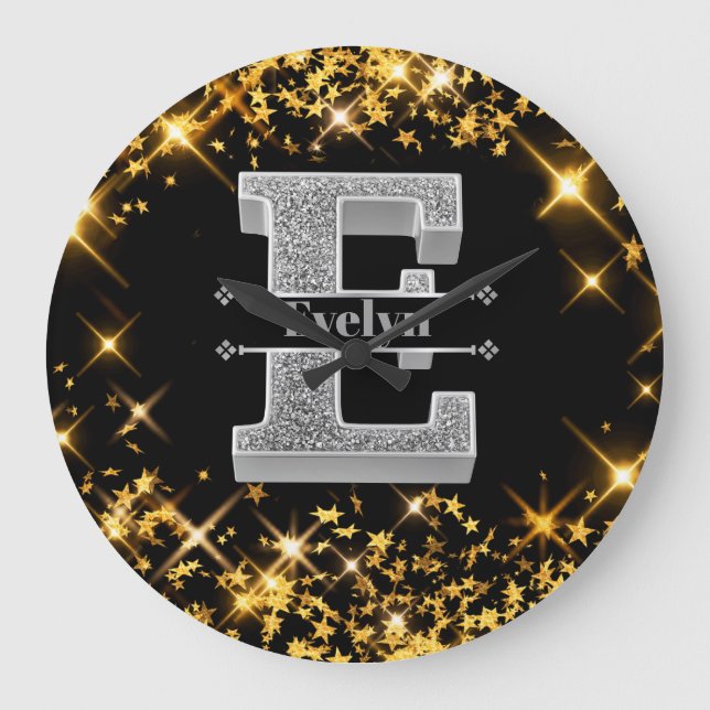 Personalized E Initial Silver Monogram Your Name Large Clock (Front)