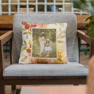 Personalized Earthy Autumn Floral Family Photo Throw Pillow