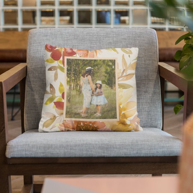 Personalized Earthy Autumn Floral Family Photo Throw Pillow (Creator Uploaded)