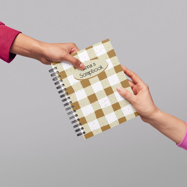 Personalized Earthy plaid Scrapbooking Brown Notebook (Cute earth tone gingham pattern notebook. Monogram scrapbooks. Personalized sketching notebooks.)