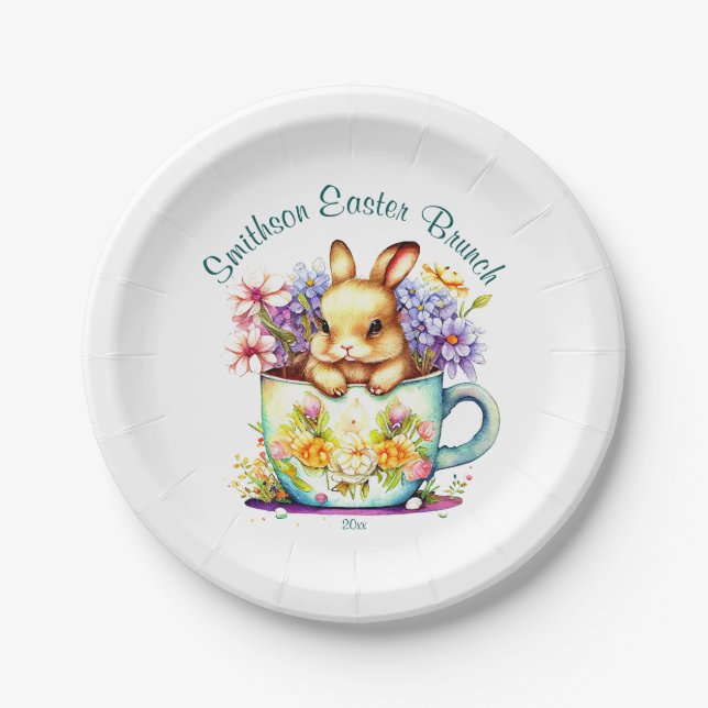 Personalized Easter Brunch Bunny Floral Teal Paper Plate (Front)