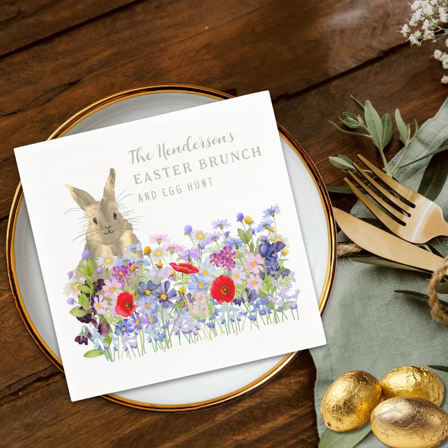 Personalized Easter Brunch Egg Hunt Bunny Floral Napkin (Personalized easter egg hunt spring brunch cute bunny floral sage green script party napkin)