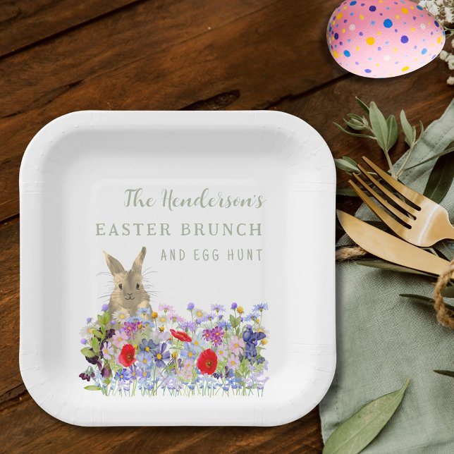 Personalized Easter Brunch Egg Hunt Bunny Floral Paper Plate (Personalized Easter brunch egg hunt watercolor floral cute bunny paper plates)