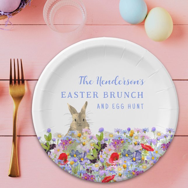 Personalized Easter Brunch Egg Hunt Bunny Floral Paper Plate (Personalized easter egg hunt spring brunch cute bunny wildflower floral paper plate)