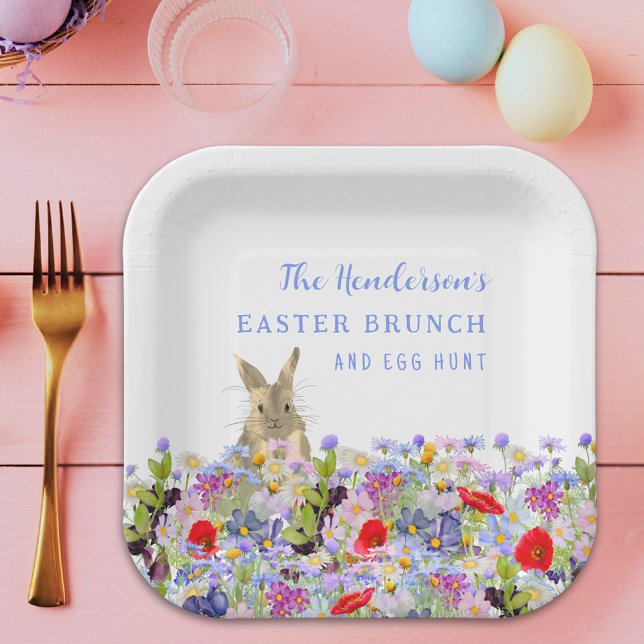Personalized Easter Brunch Egg Hunt Bunny Floral Paper Plate (Personalized easter egg hunt spring brunch cute bunny wildflower floral paper plate)