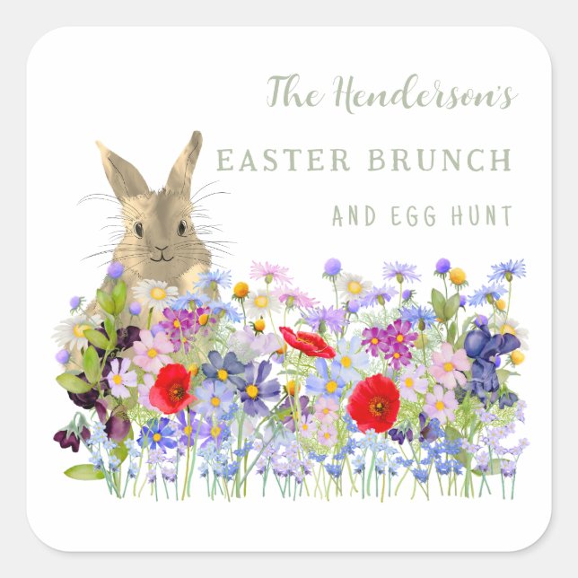 Personalized Easter Brunch Egg Hunt Bunny Floral Square Sticker (Front)