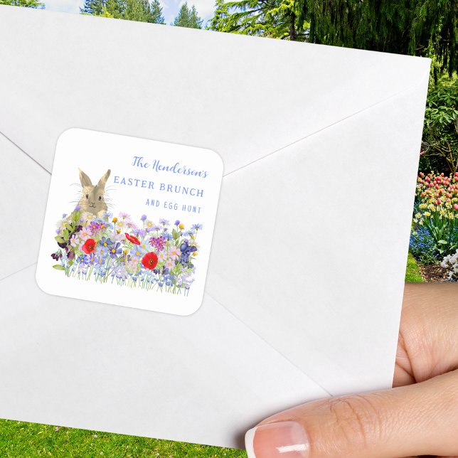 Personalized Easter Brunch Egg Hunt Bunny Floral Square Sticker (Easter brunch and egg hunt custom sticker with watercolor wildflowers and cute Easter bunny)