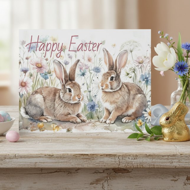 Personalized Easter Bunnies And Floral Watercolor Postcard (Creator Uploaded)