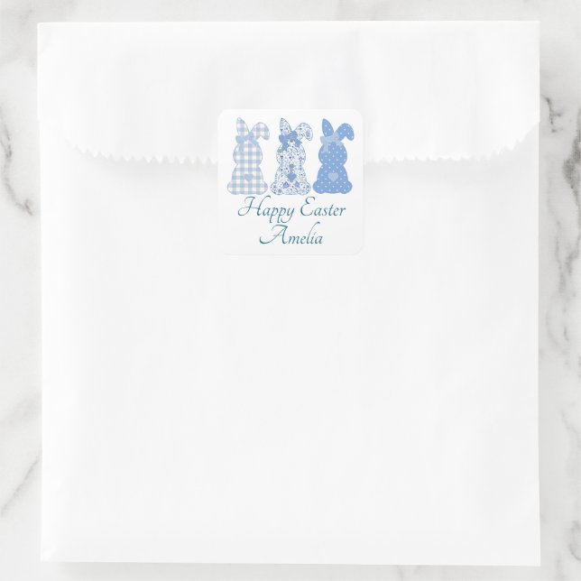 Personalized Easter Bunny Coquette Blue White Square Sticker (Bag)