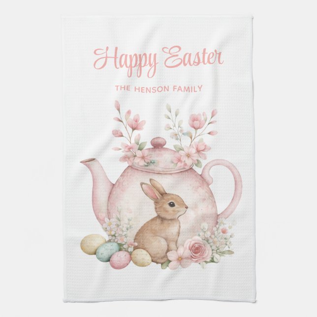 Personalized Easter Bunny Teapot Family  Kitchen Towel (Vertical)