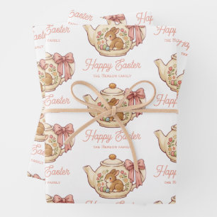 Personalized Easter Bunny Teapot Floral  Wrapping Paper Sheet