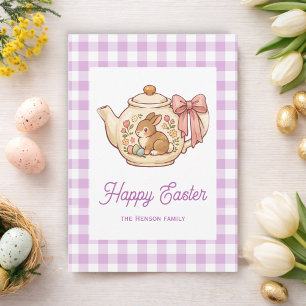 Personalized Easter Bunny Teapot Gingham Family Holiday Card
