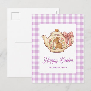 Personalized Easter Bunny Teapot Gingham Family Holiday Postcard