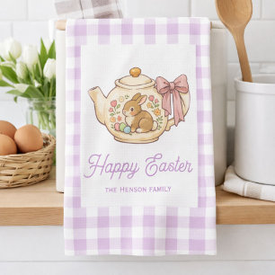 Personalized Easter Bunny Teapot Gingham Family Kitchen Towel