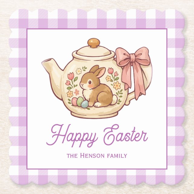 Personalized Easter Bunny Teapot Gingham Family Paper Coaster (Front)