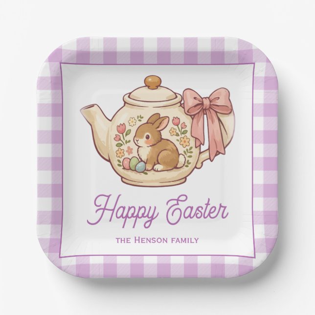 Personalized Easter Bunny Teapot Gingham Family Paper Plate (Front)