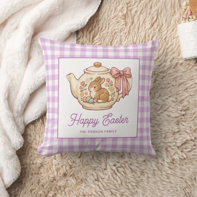 Personalized Easter Bunny Teapot Gingham Family Throw Pillow (Blanket)