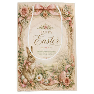 Personalized Easter Bunny ,Vintage Floral Rabbit Medium Gift Bag