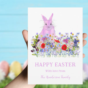 Personalized Easter Bunny Watercolor Wildflower Holiday Card