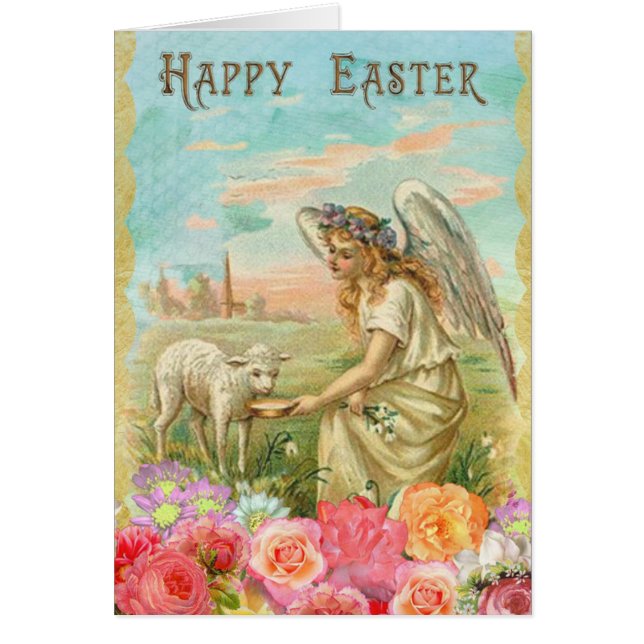 Personalized Easter Card, Vintage Angel with Lamb (Front)