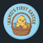 Personalized Easter Chick Magnet | Vinyl Glossy<br><div class="desc">Brighten up your kitchen or nursery with this adorable personalized Easter Chick magnet! Featuring a sweet yellow chick in a basket, the illustration is designed in our premium Vinyl Glossy Style, characterized by clear dark brown outlines and vibrant colors. Personalization: This is a fully flexible template! You can easily: Change...</div>
